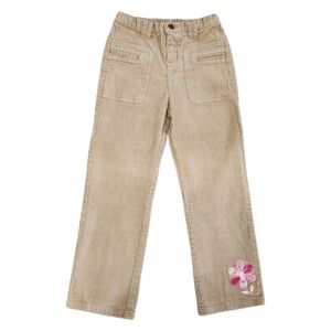 Girls 6X Beige Corduroy Pants | Floral Embroidered | Elastic Waist